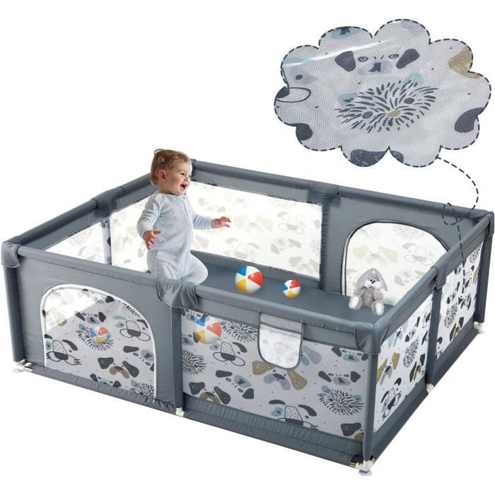 Parc Bébé 180x123 Cm SUDEG - Avec Porte à Zip, Barrière De Sécurité, Murs En Filet, Pliable, Bleu