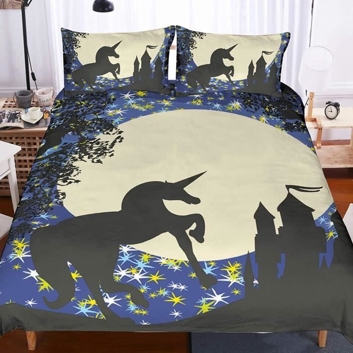 Housse De Couette Licorne 3D 240x220cm + 2 Taies 50x75cm - Microfibre Douce, Fermeture Éclair - Parure De Lit Enfant (Modèle B)