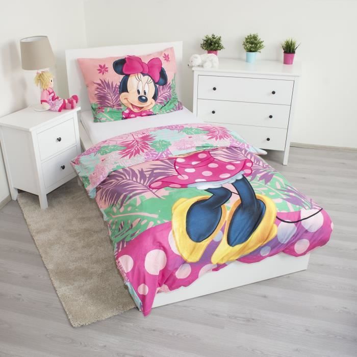 Parure De Lit Minnie Mouse Enfant - Housse Couette 140x200 + Taie 63x63 Cm, 100% Polyester Disney Officiel