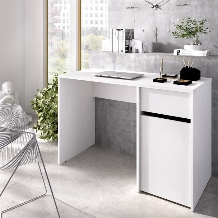 Bureau droit 3 tiroirs - Panneaux de particules - Décor Blanc - Scandinave - L 121 x P 55 x H 74 cm - ESSENTIELLE