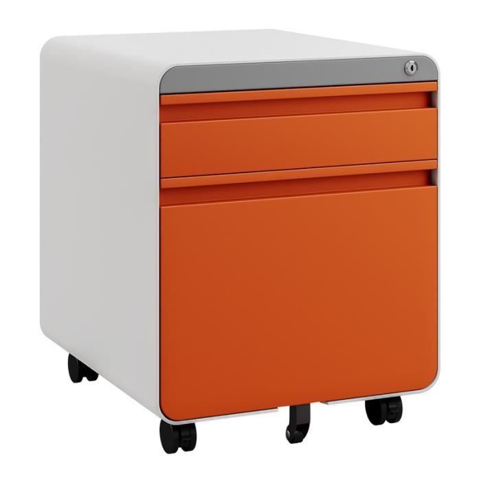 dripex caisson de bureau à roulette 2 tiroirs, meuble dossier suspendu, caisson métal verrouillable 45 x 40 x 50 cm - orange