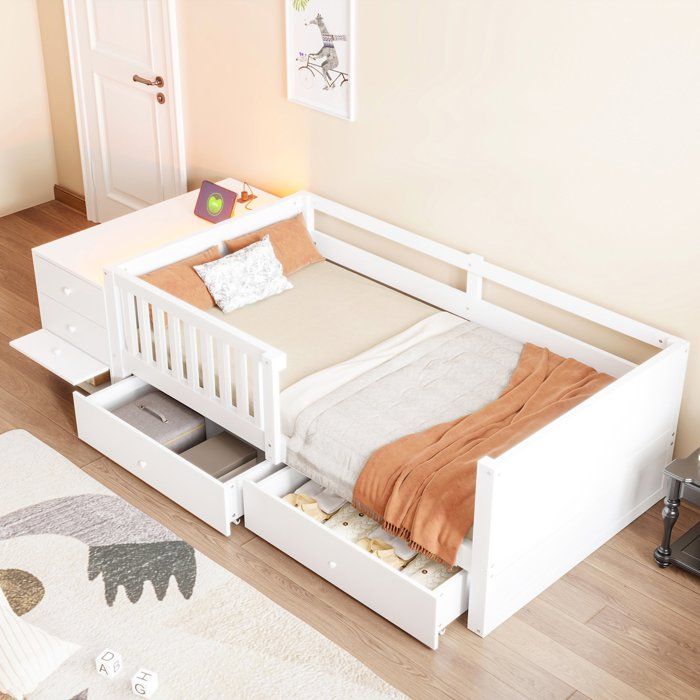 Lit Simple 90x200 enfant blanc avec bureau intégré bandeau LED RGB prise USB Type‑C et secteur 2 tiroirs sous lit 3 tiroirs bureau