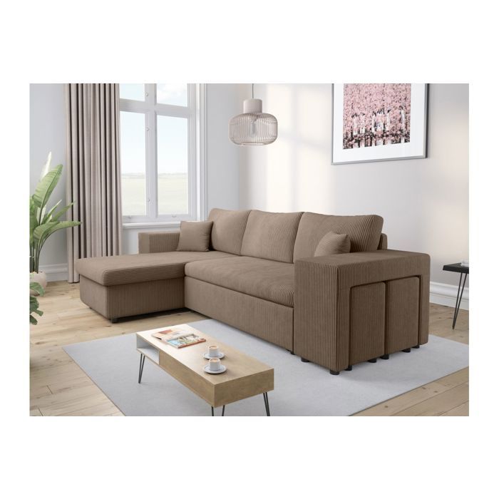 Canapé dangle réversible MADY avec coffre rangement poufs à droite en velours côtelé - Taupe - L254 x P146 x H81cm - LOUNGITUDE Canapé dangle réversible MADY avec coffre rangement poufs à droite en velours côtelé - Taupe - L254 x P146 x H81cm - LOUNGITUDE