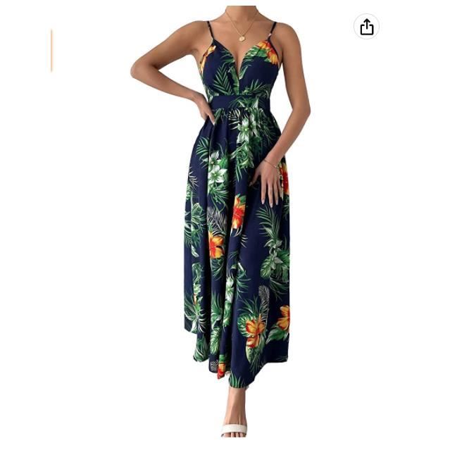 Robe De Plage Longue Femme Bohème Col V Manches Courtes - Imprimé Floral - Taille Haute