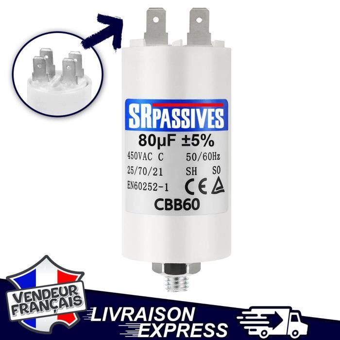 Condensateur CBB60 80µF 450V AC – Pour Moteur, Rond, Blanc, 50/60Hz – Démarrage Et Fonctionnement