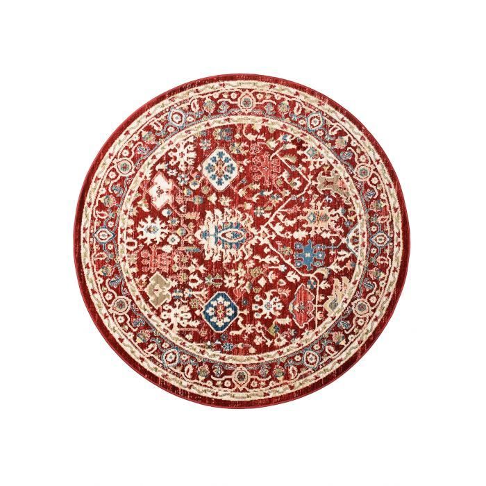 TAPISO Tapis Rond Salon Séjour RIVOLI Rouge Bleu Beige Vert Motif Classique Coton Intérieur Ø100 cm