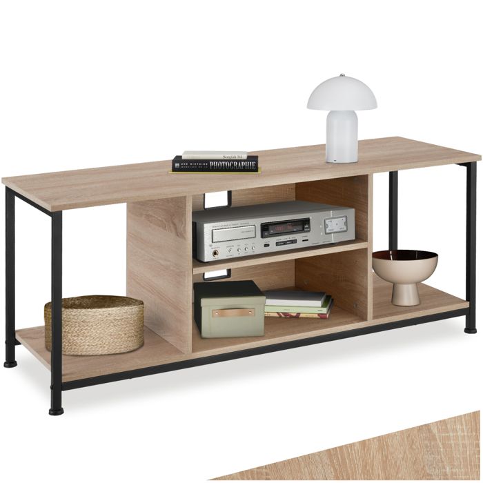 Meuble TV - TECTAKE - Meuble de salon DENVER en bois et acier 4 compartiments et étagère réglable 120 x 40 x 505 cm - Bois clair
