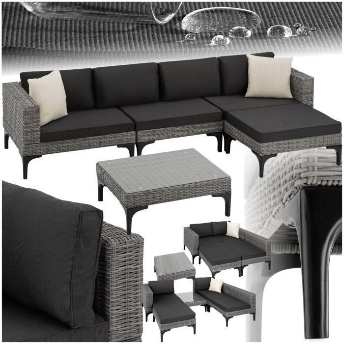 Salon de jardin - TECTAKE - Ensemble lounge dextérieur KONSTANZA modulable en canapé ou transats en rotin avec table - Gris