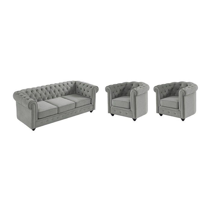 Canapé 3 places et 2 fauteuils CHESTERFIELD - Velours gris clair