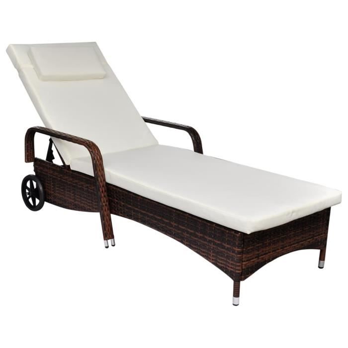 tip - bains de soleil - chaise longue avec coussin et roues résine tressée marron - yosoo - dx19296