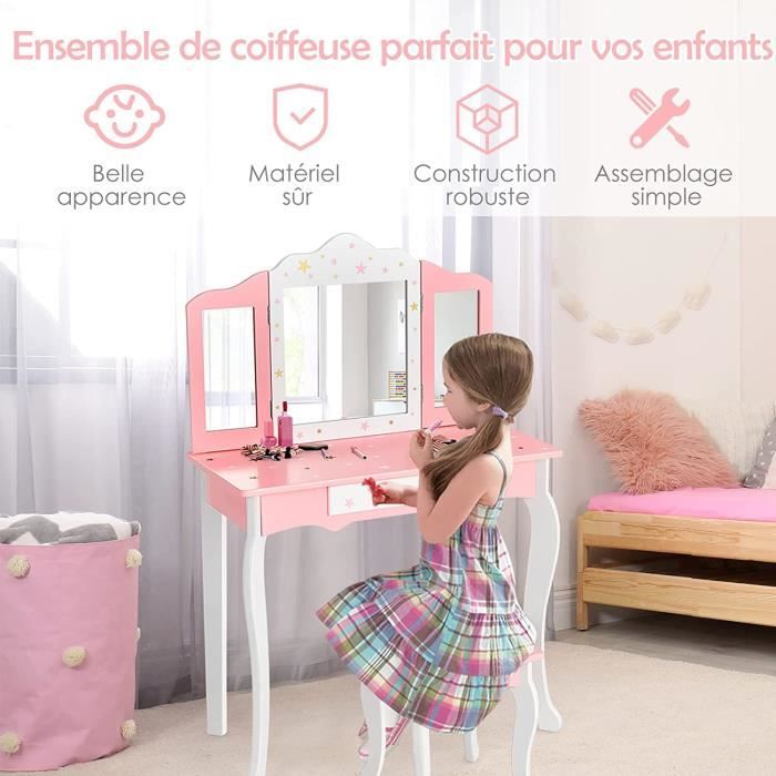Coiffeuse Enfant CCLIFE Avec 3 Miroirs Et Tabouret – Meuble En Bois Blanc