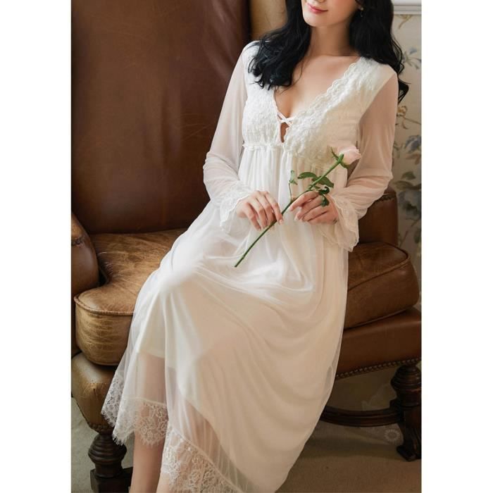 Femme Robe de Chambre Transparente Decoration en Dentelle Brodee Robe de Chambre Long en gaze 2 couches Vetements de nuit Blanc Blanc Cdiscount Pret a Porter