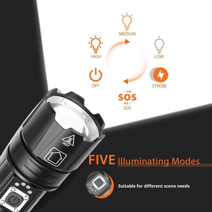 Lampe Torche Led Ultra Puissante 7000 Lumens, Xhp70.2 Haute Luminosité  Rechargeable Usb Lampe De Poche, 5 Modes Zoomable Pour[u951] - Cdiscount  Bricolage