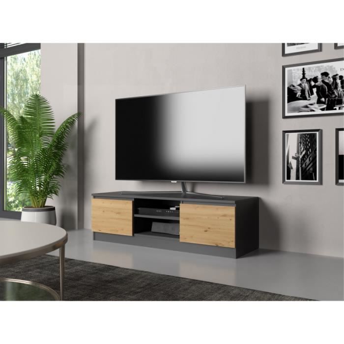 TIVOLI - Meuble TV style moderne - 120x40x36cm - 2 niches + 2 portes -  Rangement matériel télé/audio - Gris&Chêne 120x36x40