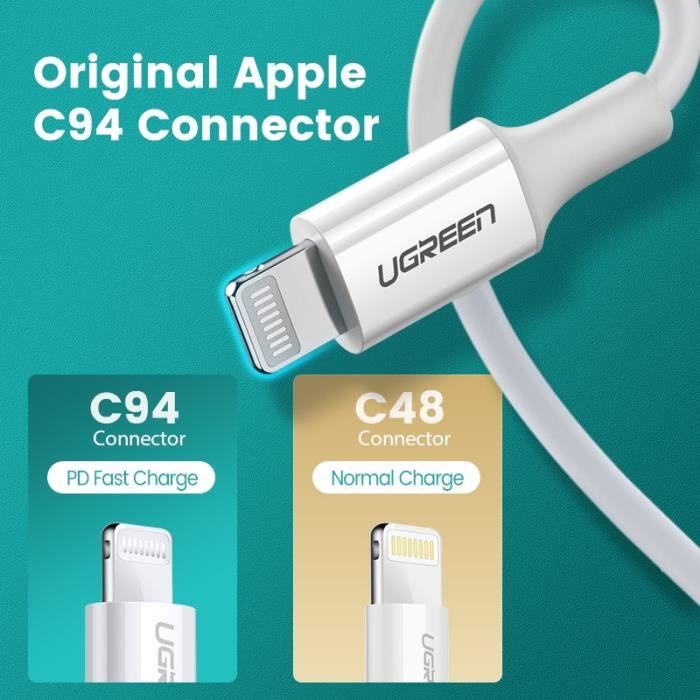 Câble téléphone,Ugreen MFi USB Type C à câble Lightning pour iPhone 12 Mini  Pro Max 8 PD 18W 20W rapide USB C - Type TPE White-0.5m - Cdiscount  Téléphonie