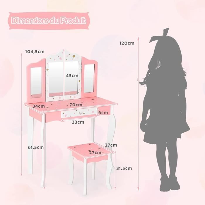 2 En 1 Coiffeuse Enfants Fille Avec Miroir Amovible à 3 Volets Tabouret Table De Maquillage Avec Tiroir Motif Flocon De Neige Charge 50kg Pour Enfants De 3 7 Ans Rose