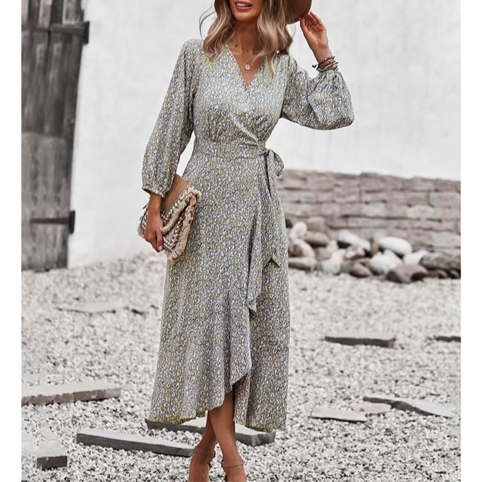 Robe longue d ete a fleurs pour femmes Dioche Col en V Taille haute Imprime floral Khaki Cdiscount Pret a Porter