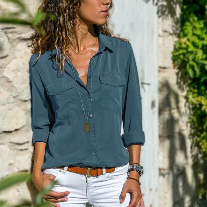 Blouse femme 2021 printemps ete Blouse decontractee femmes haut et Blouse femmes chemise a manches longues bouton Type Navy blue Blanc Cdiscount Pret a Porter