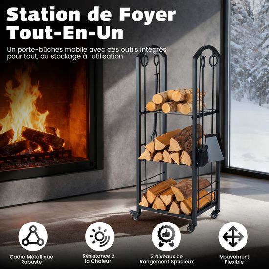 Chariot Porte-bûches Avec Outils – 3 Niveaux, Roulettes, Capacité 60 Kg Par Niveau, Pour Cheminée
