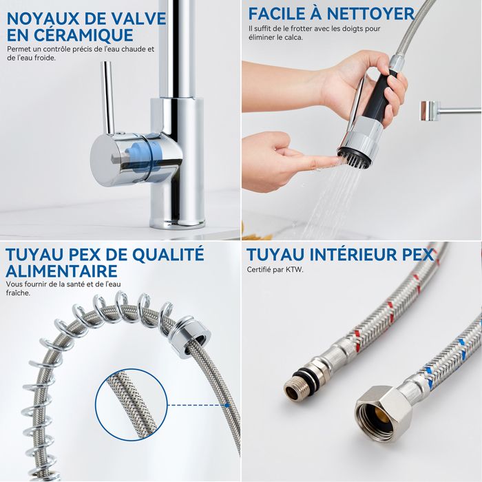 Robinet De Cuisine 3 Voies Rotatif 360° - Avec Douchette Extensible Pour Eau Filtrée Et Eau Standard