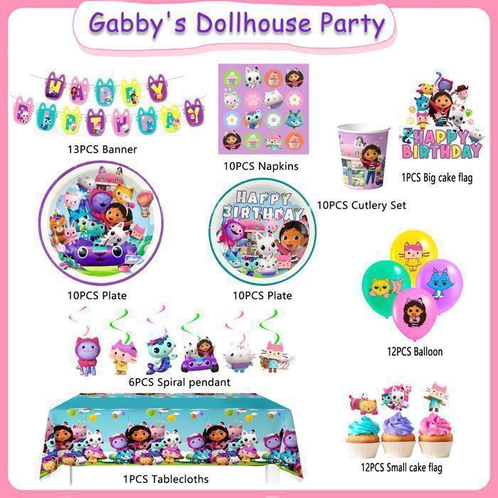 DéCoration Anniversaire Gabby Chat - Kit Complet Vaisselle & Déco : Assiettes, Gobelets, Nappe, Ballons, Bannière