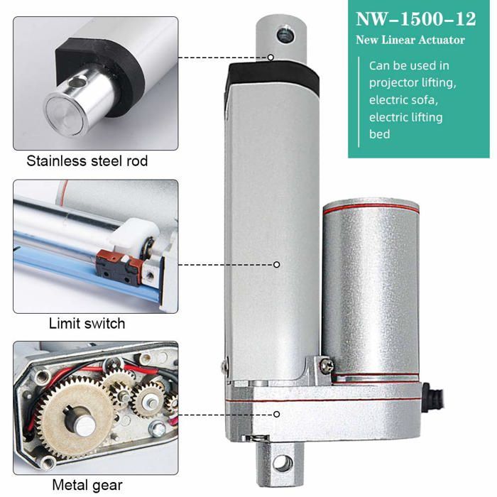 EINFEBEN Actionneurs à mouvement linéaire, 1500N 200mm Moteur à Actionneur Linéaire DC 12V, Convient à usage électronique, médicale ou d'automatisation, avec 2 supports de fixation
