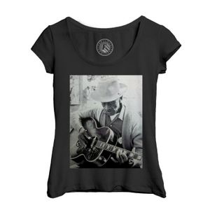 T-SHIRT T-shirt Femme Col Echancré Noir Vieux Bluesman Photo de Guitariste Musique Original