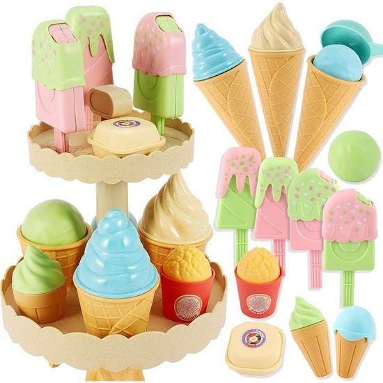 Stand De Glace En Bois HERSITY – Jeu De Dinette Avec Cônes, Sucettes, Set De Cuisine – Cadeau Enfant 3-5 Ans