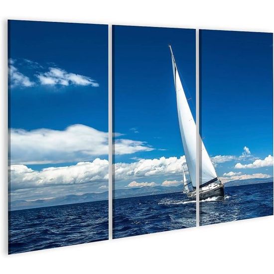 Tableau Toile Coucher De Soleil Mer Voilier - Format Panorama 120x40 Cm - Impression Haute Qualité, Toile Tendue Sur Châssis