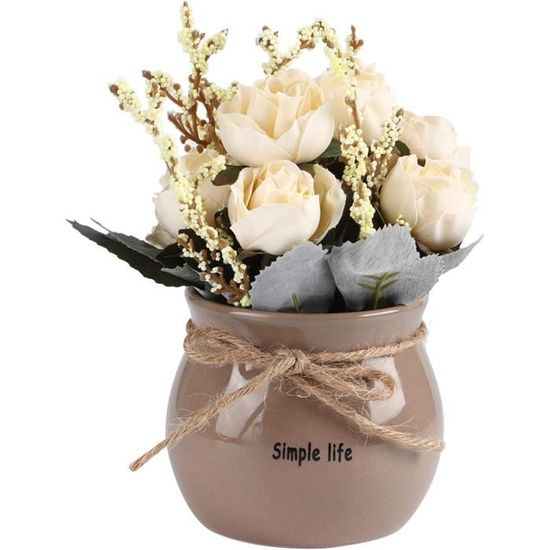 Fleurs Artificielles En Soie Avec Vase En Céramique - Composition De Roses Blanches Et Eucalyptus, Déco D'intérieur