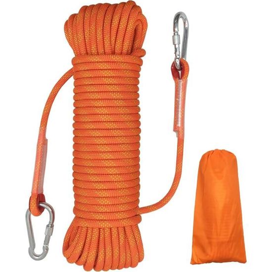 Gangying Corde D'escalade Statique 10mm - 50 Mètres - Polyester Renforcé - Avec 2 Mousquetons - Pour Secours, Trek, Bateau