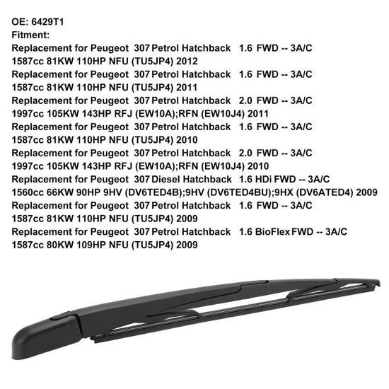 Balai D'Essuie-Glace Arrière Pour Peugeot 307 (2000-2012) - Remplacement Référence OE 6429T1 - Raclette Caoutchouc, Bras ABS Noir - 5