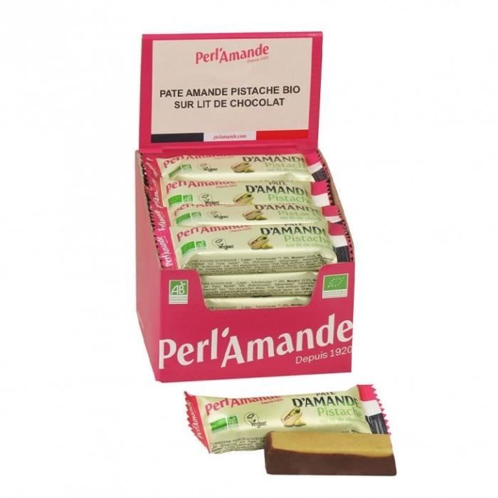 Pâte d'amande à la pistache pour encore plus de gourmandise. Recette vegan. Carton de 20 barres.