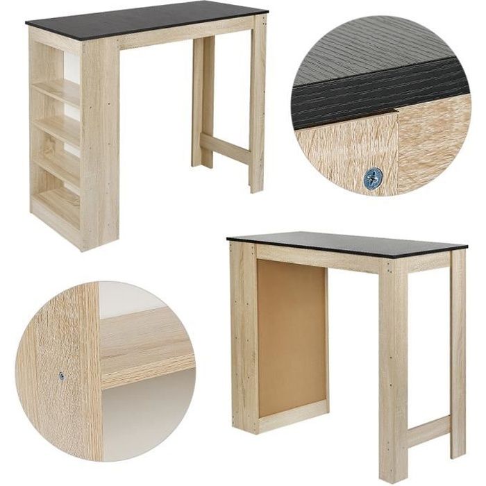 Table de bar mange-debout Cuisine avec rangements et plateau en MDF Noir