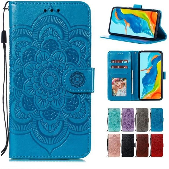 Coque Samsung Galaxy A12, Mandala Fleur Motif Cuir Silicone Fente de Cartes Dragonne Support Élégante, Bleu