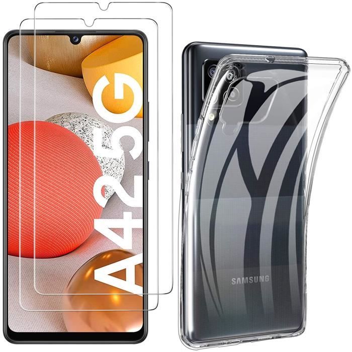Coque Samsung Galaxy A42 + 2 Pièces Verre Trempé Protection écran Housse Transparent TPU Silicone Souple Étui