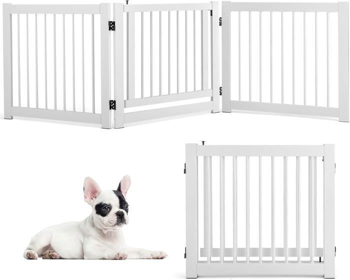 COSTWAY Barrière de Sécurité Pliable en Pin pour Animaux avec 3 Panneaux, 210 x 61 CM, Barrière Modulable pour Chien avec Porte