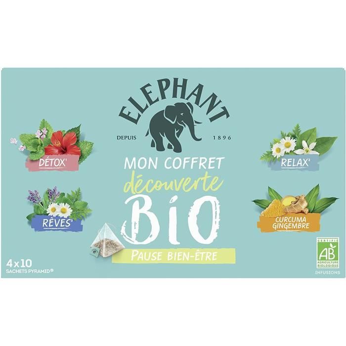 ELEPHANT Coffret Découverte Infusions Bio Bien Être - 40 sachets