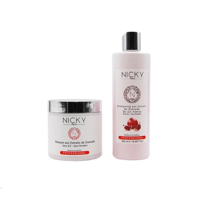 NICKY PARIS - Gamme Grenade - Shampooing 500mL + Masque 500mL Aux Extraits De Grenade By JLC Family