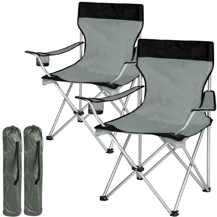 TECTAKE Lot de 2 Chaises de Camping pliables avec Porte Gobelet et Housse Sac de Transport Gris Noir