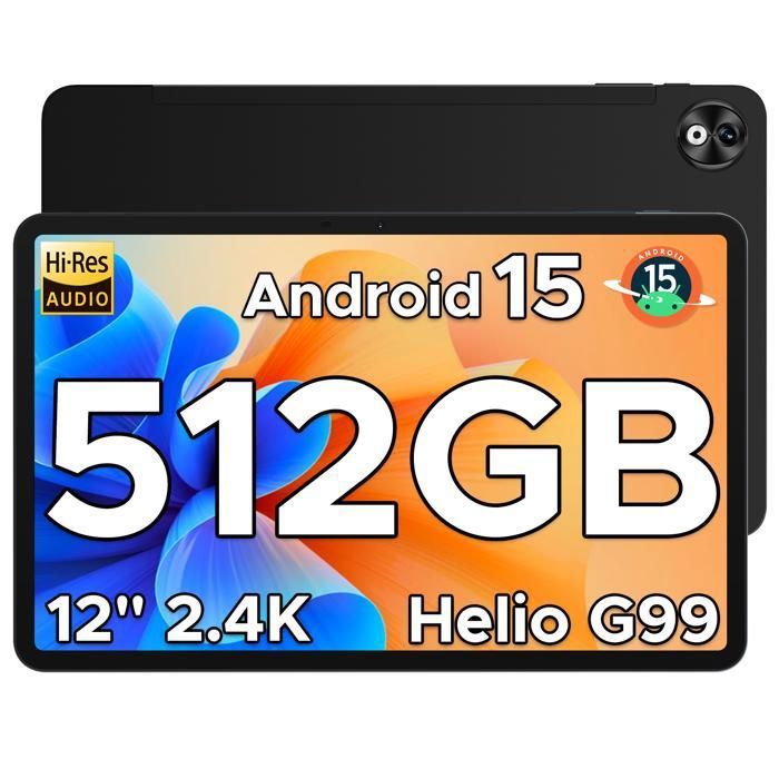 DOOGEE T40 Pro Tablette 12 pouces Android 15 – 20Go+512Go Grande Batterie 10800mAh Tablette Tactile Dual SIM 4G WIFI/Face ID – Noir