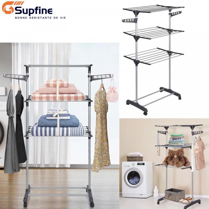 SUPFINE Étendoir à Linge - Etagère de Séchage Hauteur 152cm Pliable et Déplaçable - Séchoir à Linge en Inox