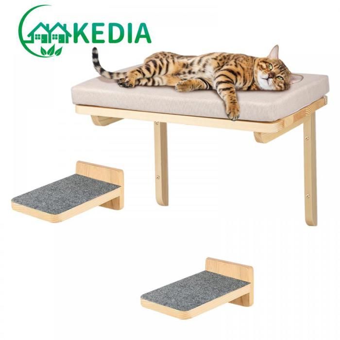 Comparer les prix de KEDIA.Hamac mural pour chat - Meuble mural pour chat avec 3 marches murales pour chat - Hamac en bois massif
