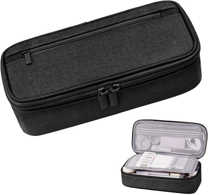 Trousse Scolaire Grande Capacité 24x11x7 Cm - Toile Oxford Noire Pour Collège/lycée - 10