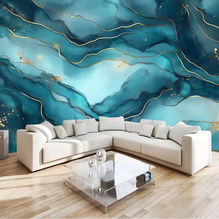 Papier Peint Panoramique Marbre Bleu 350x256 cm Papier Peint Intissé ...
