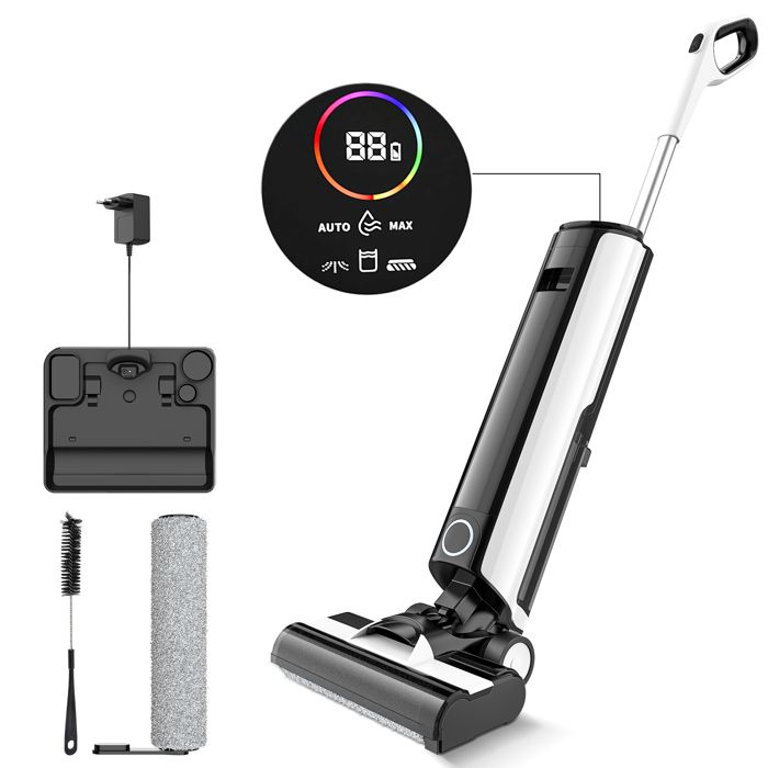 Aspirateur balai sans fil 3 modes de fonctionnement 40 minutes dautonomie écran LED convient aux moquettes et sols durs. - Prumya