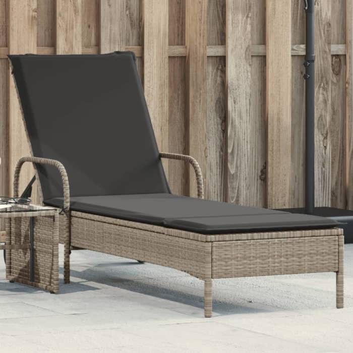 41643& Bains de soleil avec roues et coussins gris clair résine tressée - L61 x P161 x H87 cm - tissu 100 % polyester