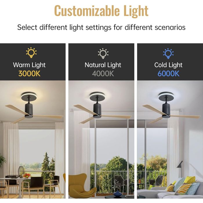 Feuille épaissie Ventilateur de plafond encastré moderne de 52 pouces avec éclairage LED et télécommande 3 pales en ABS moteur D - Guyfoster