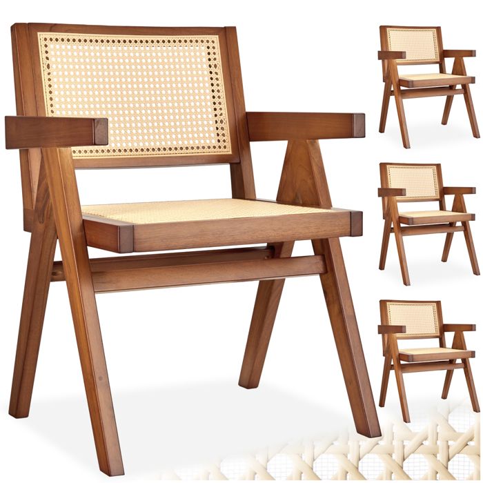 Chaise - TECTAKE - Lot de 4 fauteuils LISSY style boho cannage viennois en bois et accoudoirs 59 5 x 56 5 x 82 5 cm - Chêne foncé Chaise - TECTAKE - Lot de 4 fauteuils LISSY style boho cannage viennois en bois et accoudoirs 59 5 x 56 5 x 82 5 cm - Chêne foncé