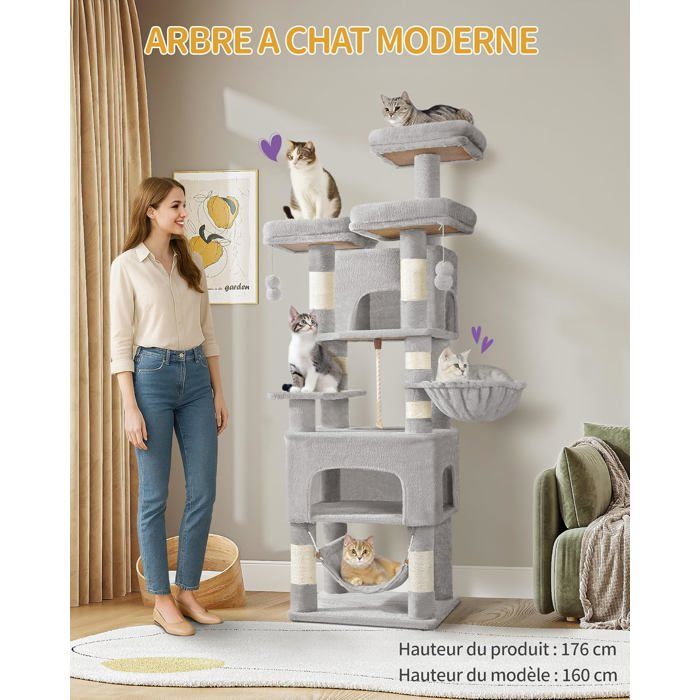 Comparer les prix de Grand Arbre à Chat Hauteur 176 cm avec 7 Griffoirs 3 Plateformes 2 Niches Hamac et Pompons Robustesse Gris Clair